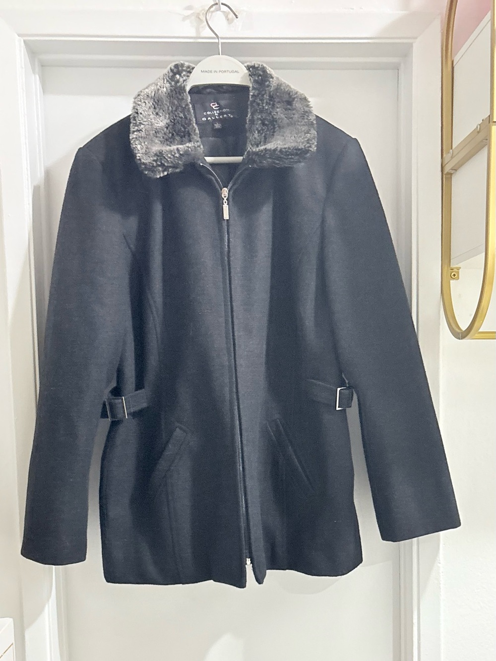 Gallery Black Pea Coat with Gray Faux-Fur Collar